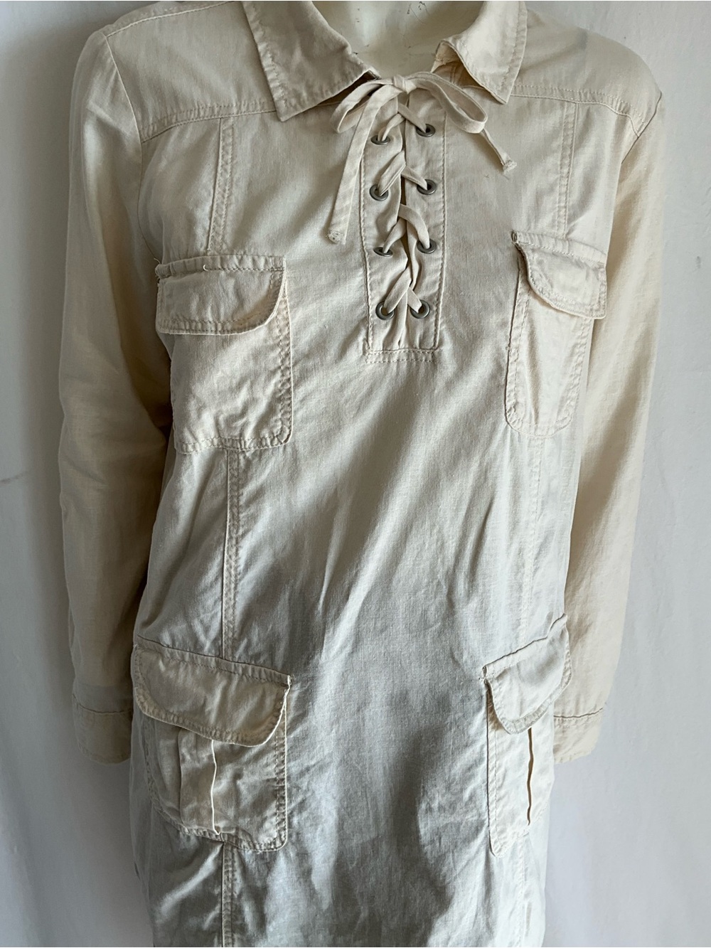Joe Fresh Linen Cotton Lace-Up Utility Tunic Dress | Safari Boho Cottagecore L